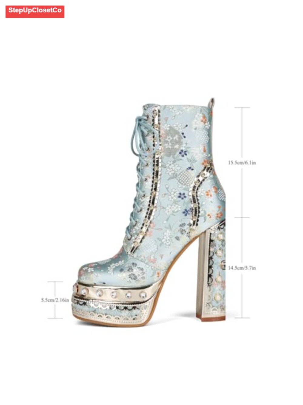 Women's Floral Embroidered Platform Lace Up Ankle Boots Block Heel - Picture 5 of 6